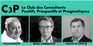 Portraits des consultants Pascal Boquet, Didier Corboliou et Benoît de Saulce, membres de C3P : club des Consultants Positifs, Prospectifs et Pragmatiques. Illustration