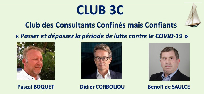 Portraits des consultants Pascal Boquet, Didier Corboliou et Benoît de Saulce, membres de C3P : club des Consultants Positifs, Prospectifs et Pragmatiques. Illustration